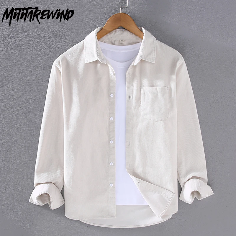 

Autumn Harajuku Mens Long Sleeve White Shirt Corduroy Vintage Shirt Lapel 100% Cotton Button Up Shirt Men Daily Causal Shirts