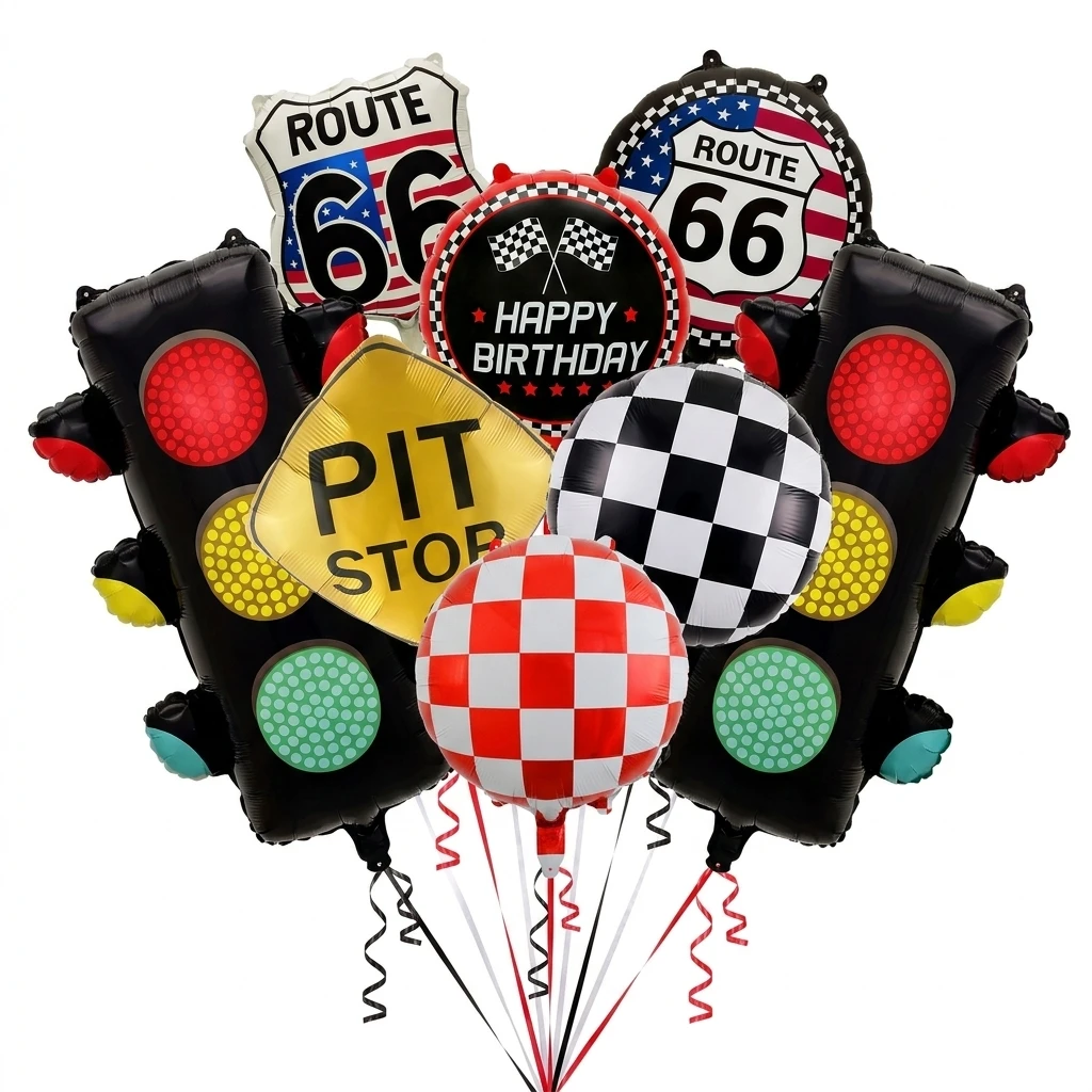 Ensemble de 8 ballons en aluminium sur le thème de la course automobile, Route 66, feu de signalisation, drapeau à damier, pour anniversaire sur le thème de la course automobile, fête de voyage sur la route.
