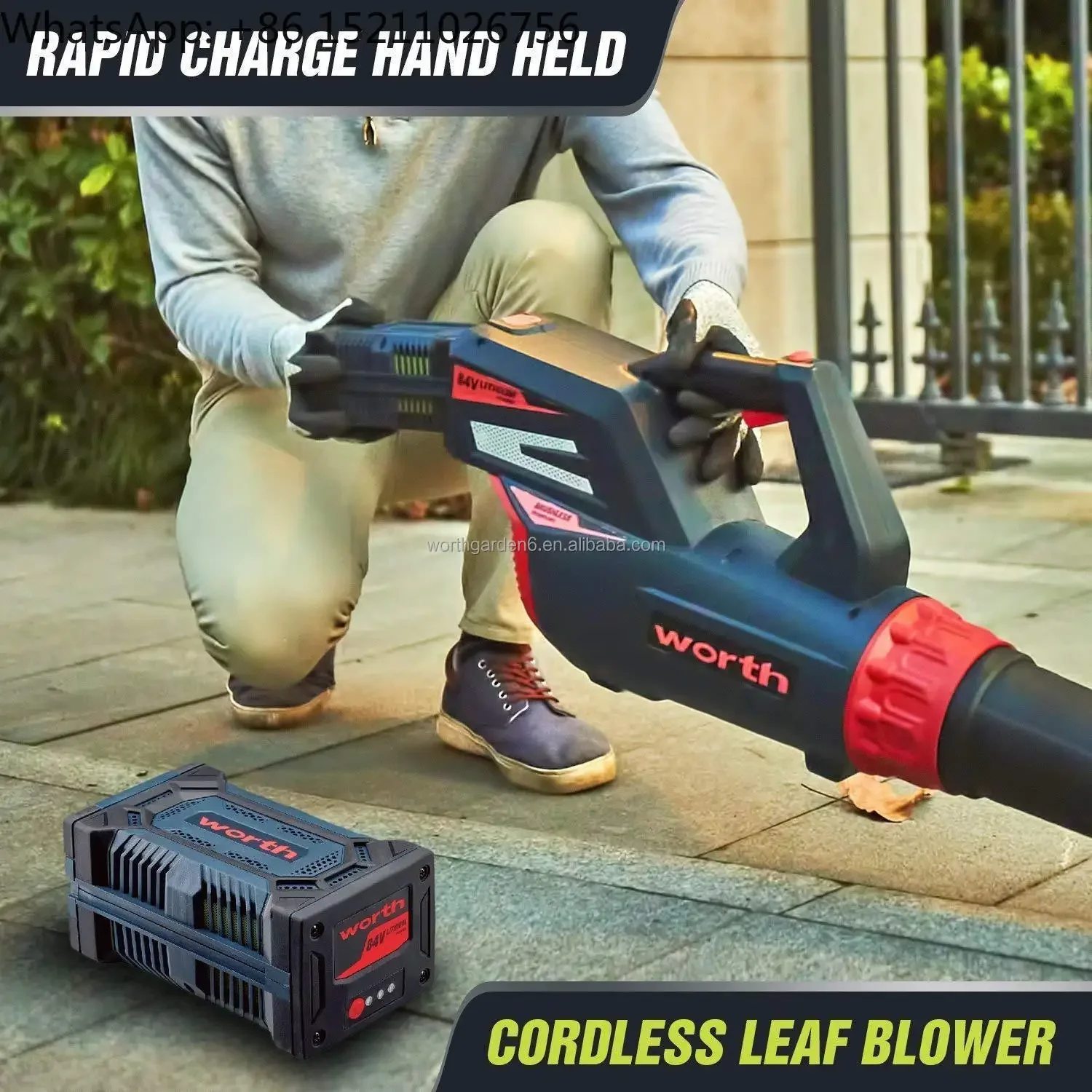 Worth Garden Powerful Tools Electric Brushless Motor Cordless Leaf Blower with Battery and Charger