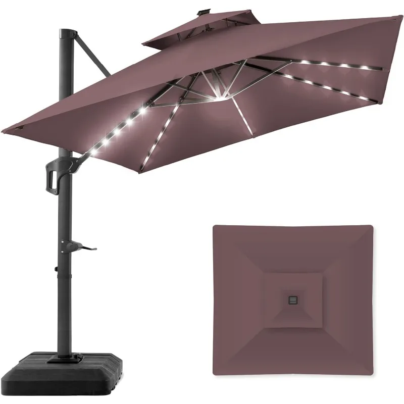 10x10ft 2-poziomowy kwadratowy parasol na Patio z solarne lampy LED, przesuniętym wiszącym parasol przeciwsłoneczny na podwórku w zestawie