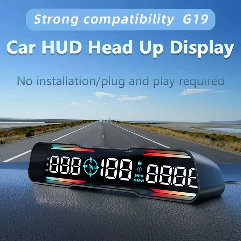 G19 HUD Head Up Display Speedometer Car Speed Gauge MPH Overspeed Alarm Driving Angle Time Compass Driving Alarm