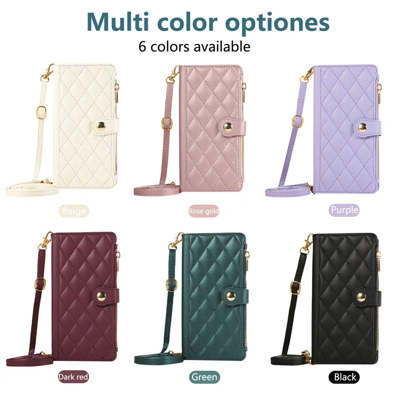 Galaxy Note 20 Ultra 10 Plus Cover Luxury Crossbody Flip Case for Samsung S24 FE S23 Plus S22 S21 S20 Zipper Stand Wallet Cases