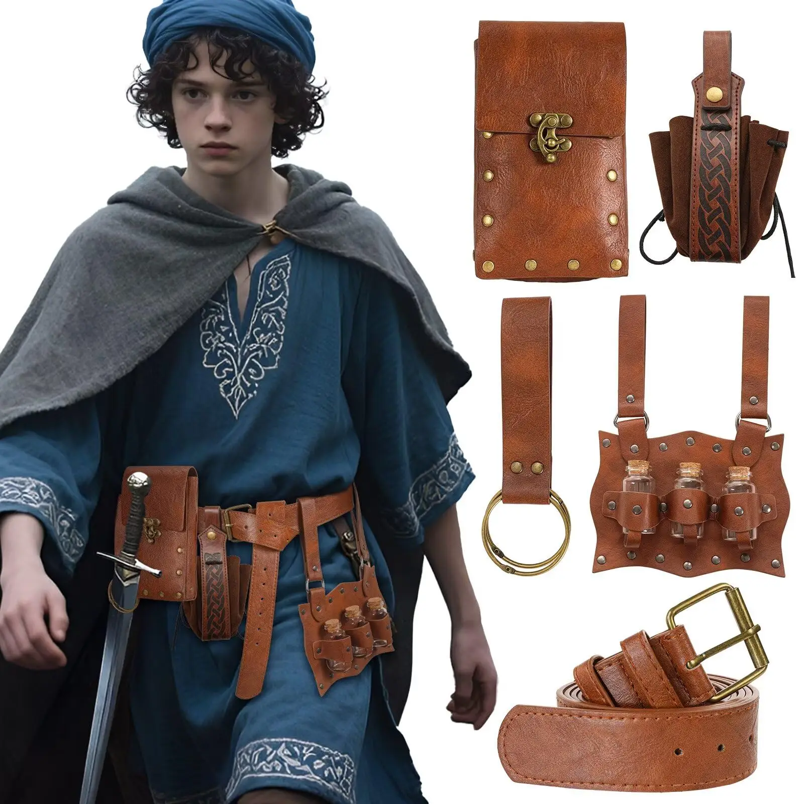 Akcesoria renesansowe, saszetka na pasek, średniowieczny piracki skórzany pasek, wiking, butelka na lekarstwo czarownicy, kostium na Halloween, cosplay, męski, damski