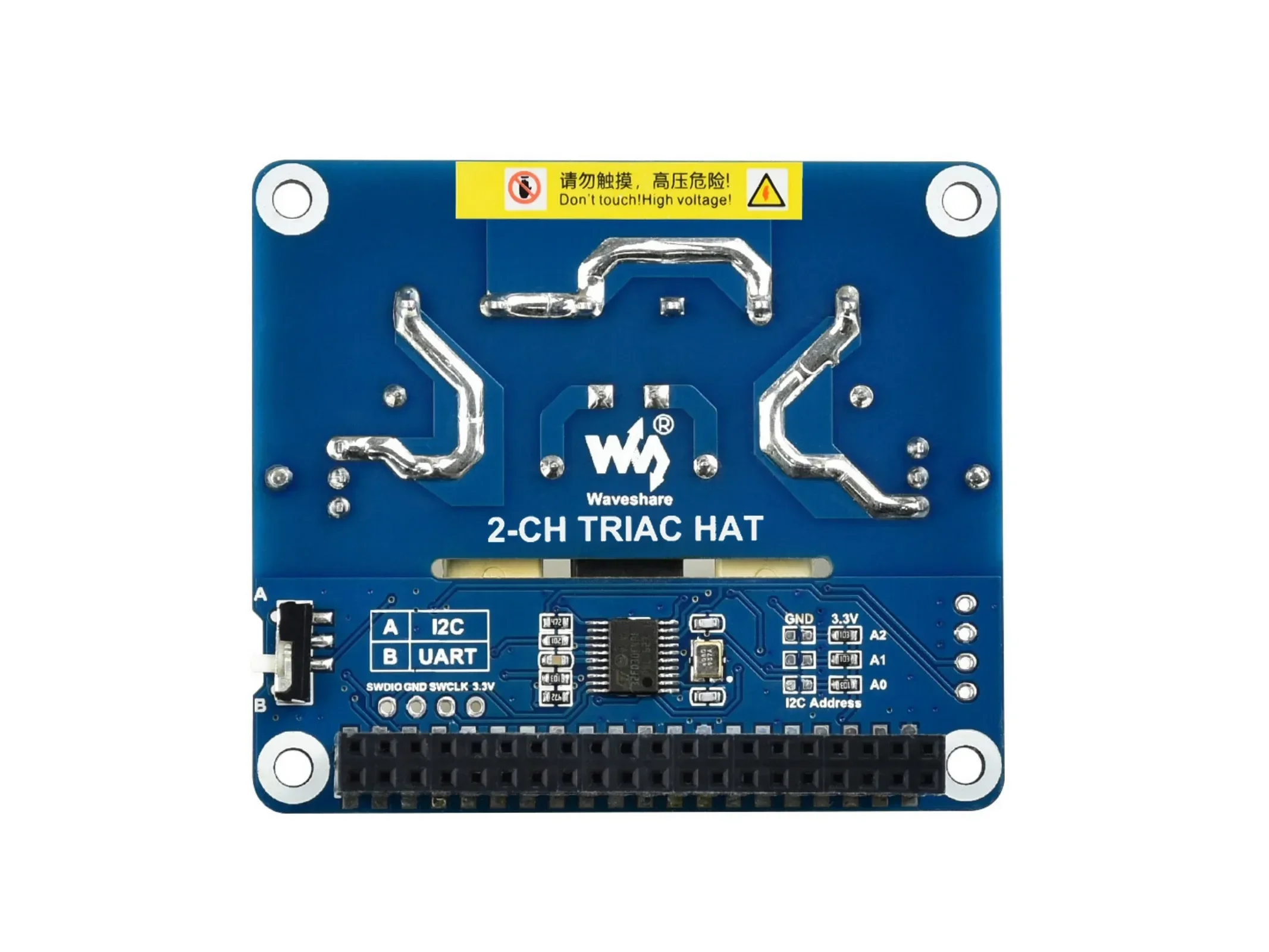 Тиристорный модуль двухканальной платы расширения симика Raspberry Pi с командным управлением MCU поддерживает интерфейсы UART и I2C.