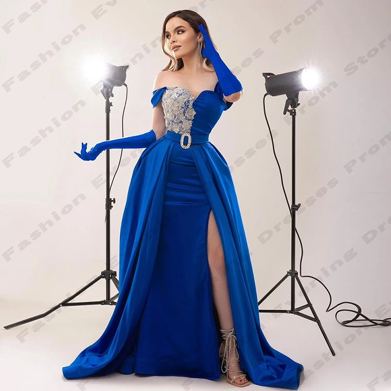 Elegant New Evening Dresses Sexy Mermaid Off The Shoulder Sleeveless High Slit Fluffy Princess Style Party Prom Gowns For Women