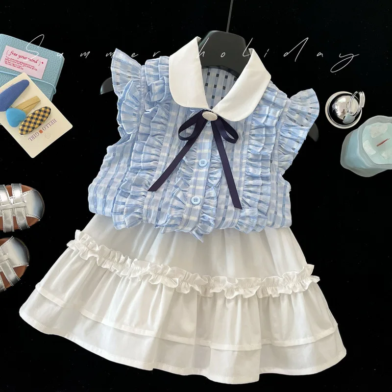 

Children's Outfit Skirt New Summer Girls' Garden Dress Children's Day Performance Short Sleeve British Style School Skirt Two-Pi