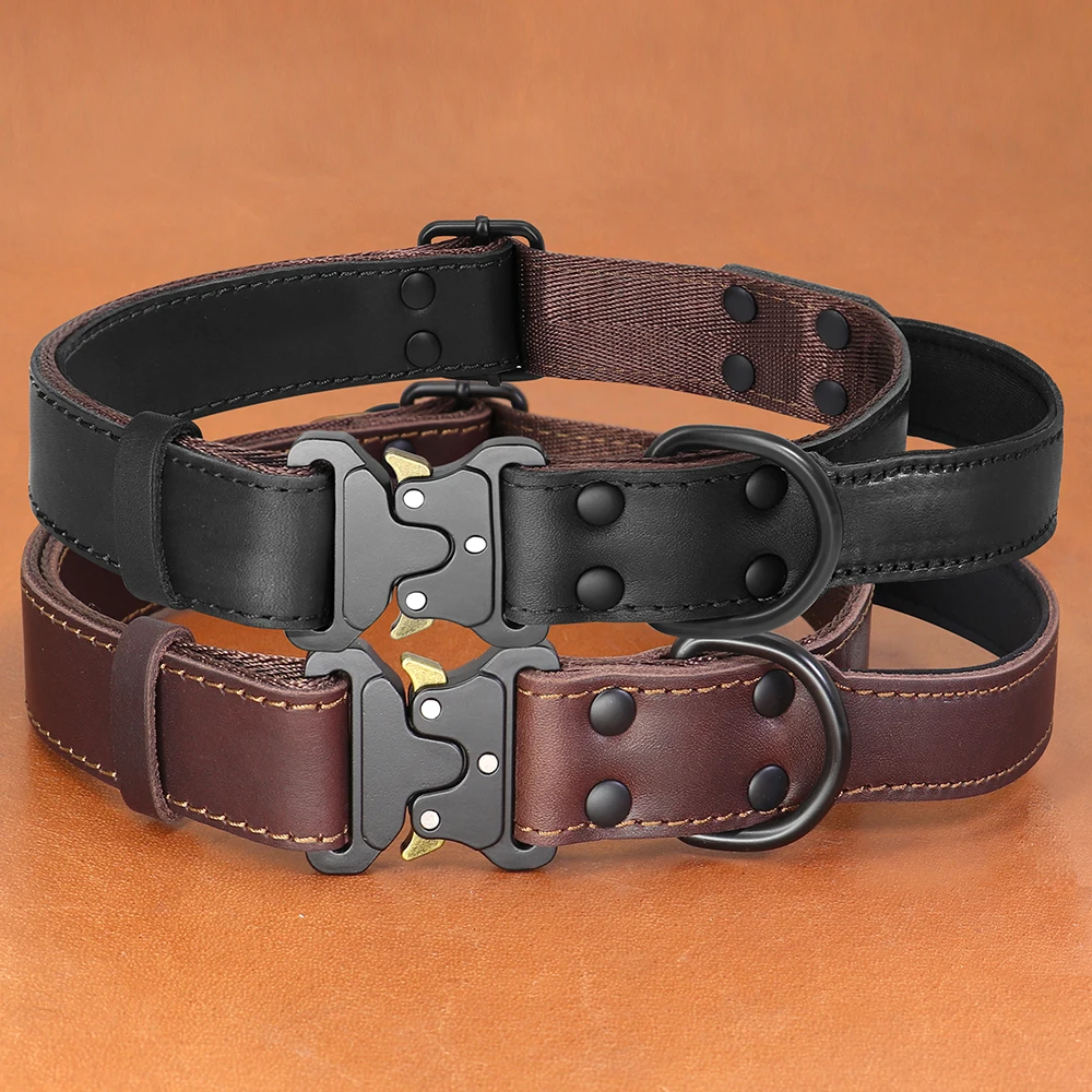 Soft Real Leather Dog Collar Genuine Leather Durable Collars with Safe Buckle Handle for Medium Large Dogs German shepherd