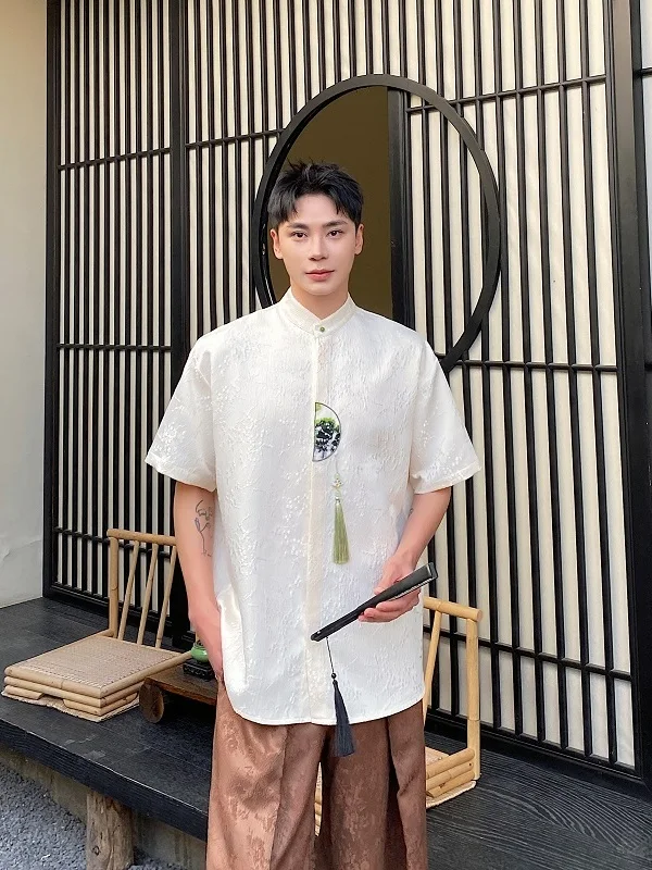 

Summer New Chinese Style Embroidered Silk Short Sleeve Shirt Men Women Tassel Pressing Inlay Design Sense Shirt Stand Collar