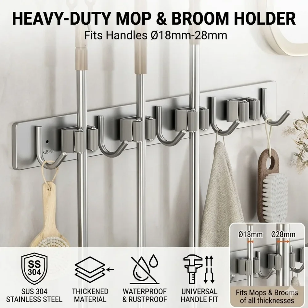 Stainless Steel Mop Broom Holder Wall Mounted No-Drilling Self Adhesive Heavy Duty Utility Storage Rack Garage Garden Organizer
