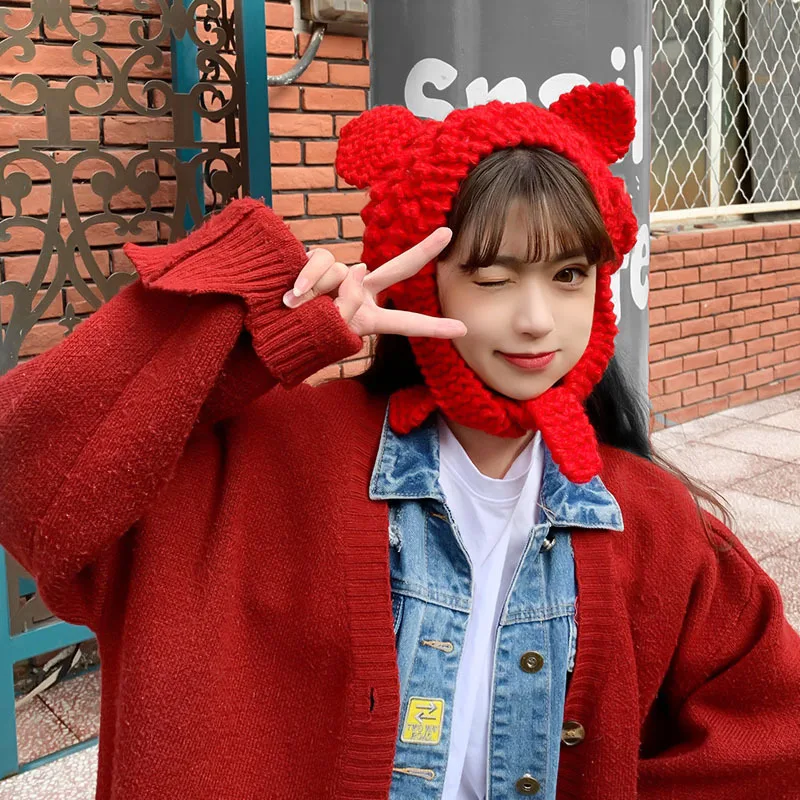 Cat Ears Knitting Wool Beanies Cap Ms Autumn Winter Cute-Ear Protection Students Young Warm Head Cover Outdoor Amazing Hat W218