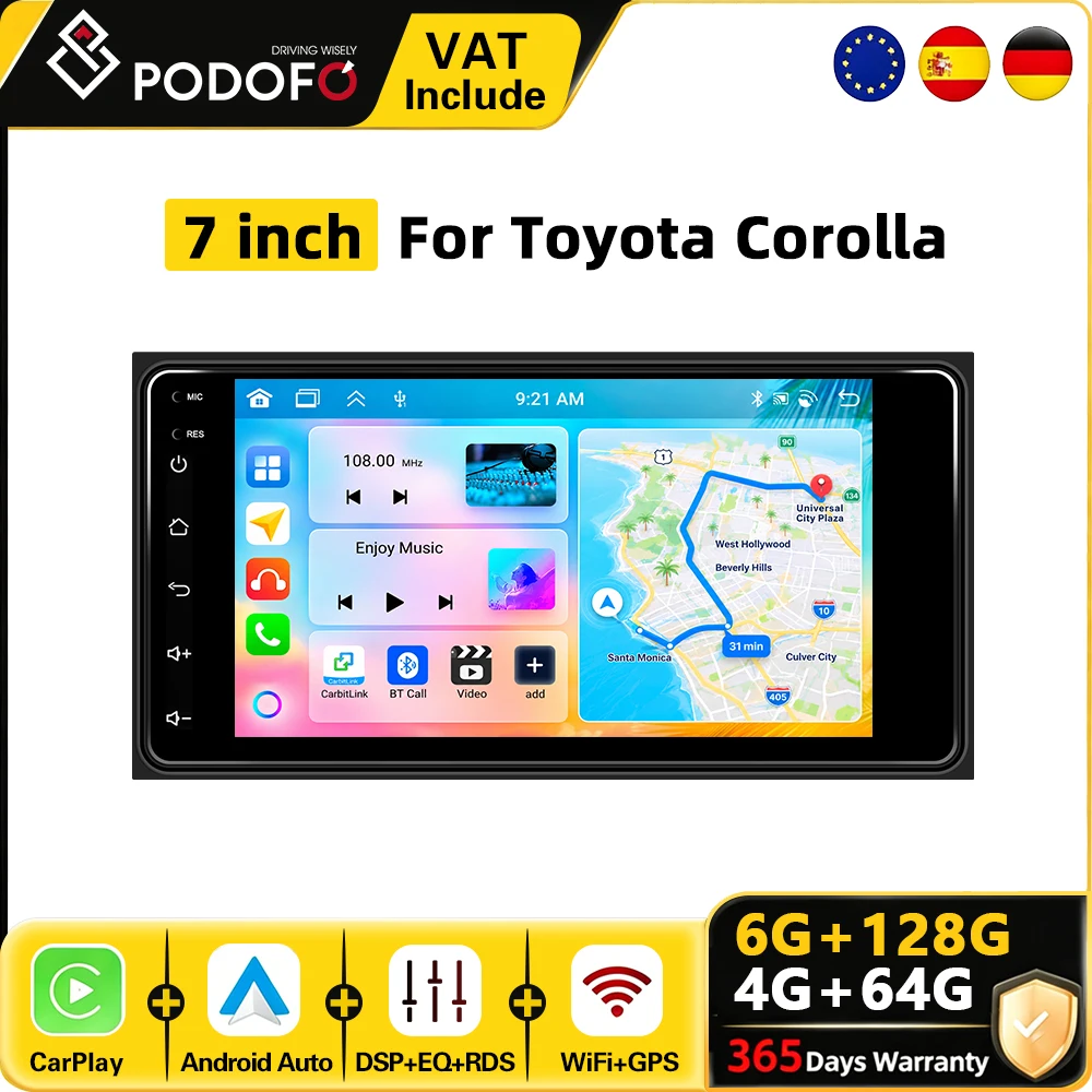 Podofo 7'' 6G+128G Android Car Radio For Toyota Corolla RAV4 Hilux Land Cruiser 100 Car Player GPS Navigation WiFi Car Intelligent System CarPlay Android Auto Radio Receiver BT FM RDS Autoradio
