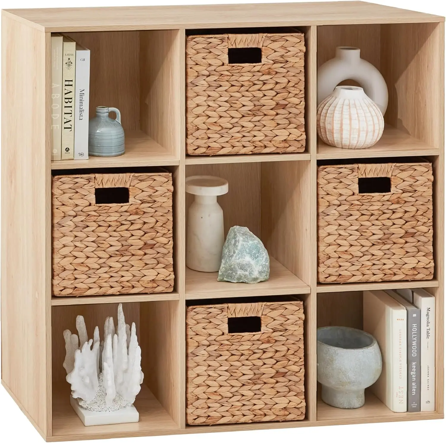 

9-Cube Storage Organizer 11in Shelf Opening Bookcase Display Shelf Customizable w 3 Removable Back Panels Light Oak
