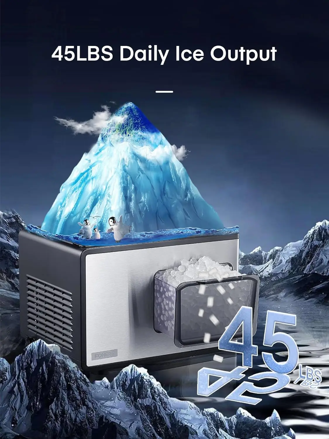 Ice Maker Countertop, 45lbs/24H, Pebble Ice Maker with Soft Chewable Ice, Self Cleaning Sonic Ice Machine, Stainless Steel