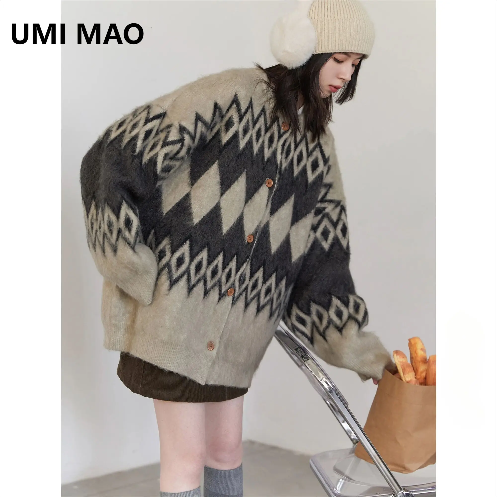 

UMI MAO 100% Cotton Fashion Women Knit Cardigan Thick Warm Loose Casual Retro Argyle Female Sweater Ladies Jacket Spring Autumn