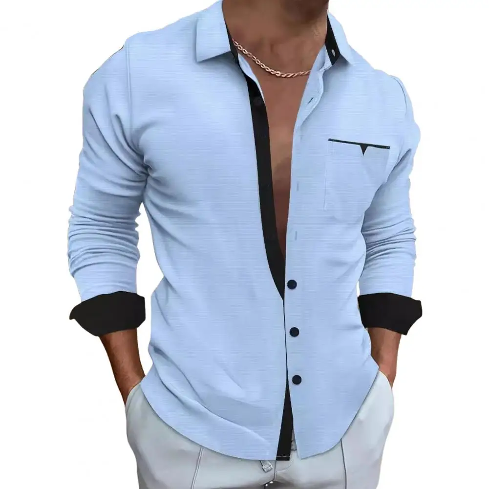 

Men's Shirts Formal Button Up Shirt White Long Sleeve Color Block Stand Collar Spring Office Career Wedding Party Outfit Pocket