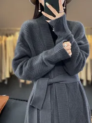 New Women Cashmere Sweater Autumn Winter Thick Long Cardigan 100% Merino Wool V-Neck Knitwear Female Grace Soft Fashion Coat Top