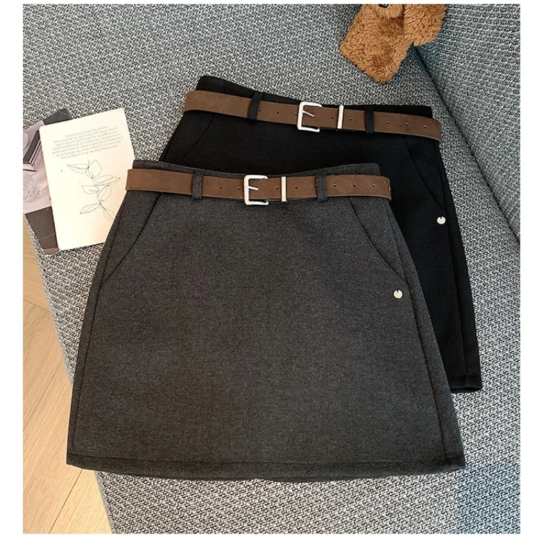 Saias curtas de lã vintage para mulher 2025 novo elegante engrossado cintura alta envolto a linha mini saias femininas