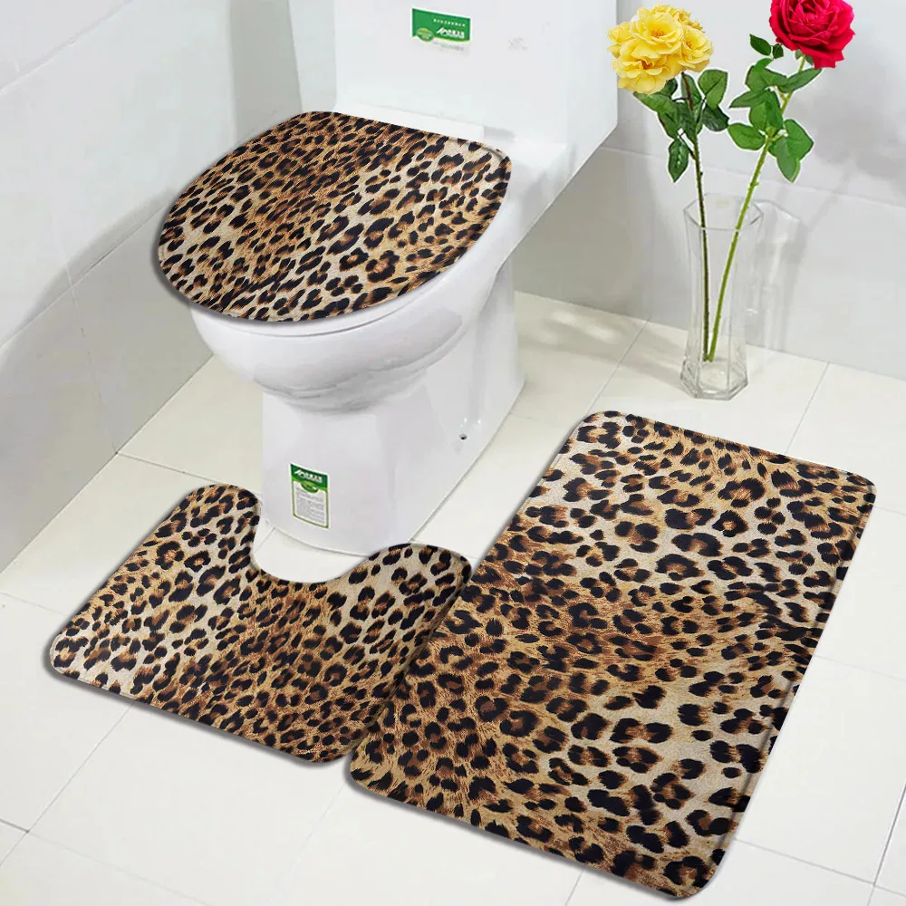 Brown Leopard Print Bath Mat Set Fashion Wild Animal Fur Pattern Modern Bathroom Decor Non-Slip Rug Toilet Lid Cover Home Carpet