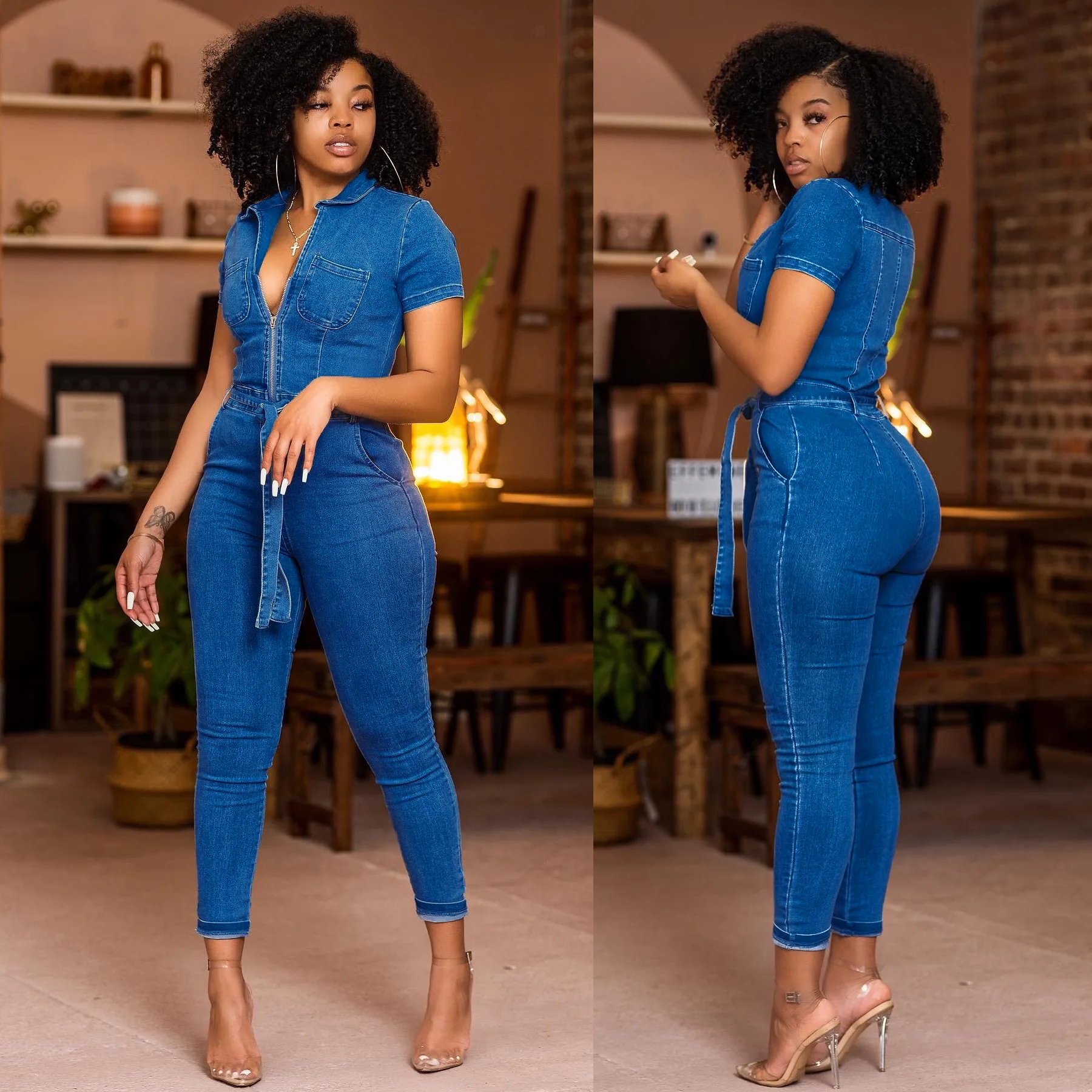 

Women'S Jumpsuit New Fashion Lapel Button Short Sleeve Bodycon Pants Street Style Retro Enteritos Mujer Ropa Sexys Para Mujer