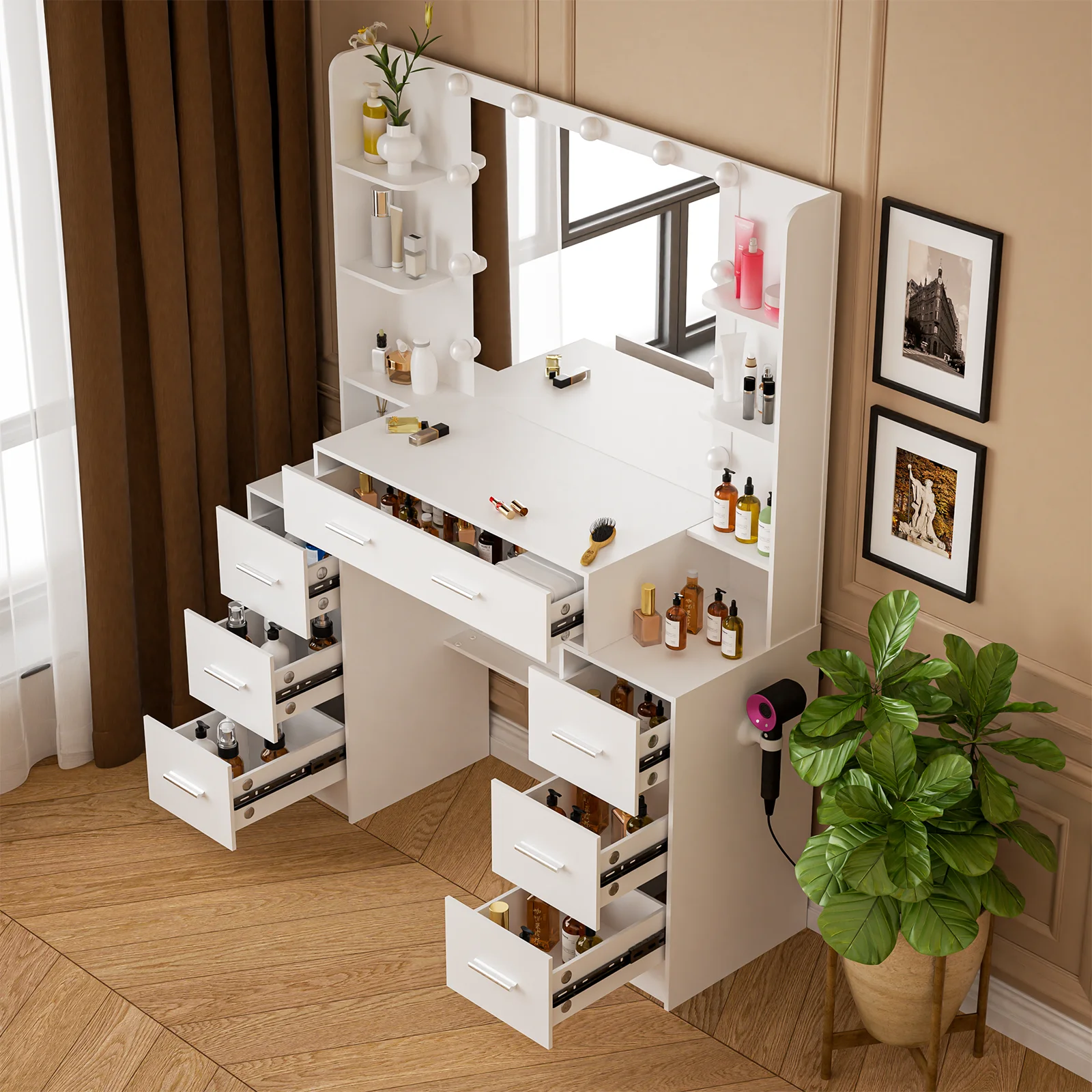 مكتب تزيين كبير مع 11 مرآة بإضاءة LED و7 أدراج طاولة مكياج حديثة #5