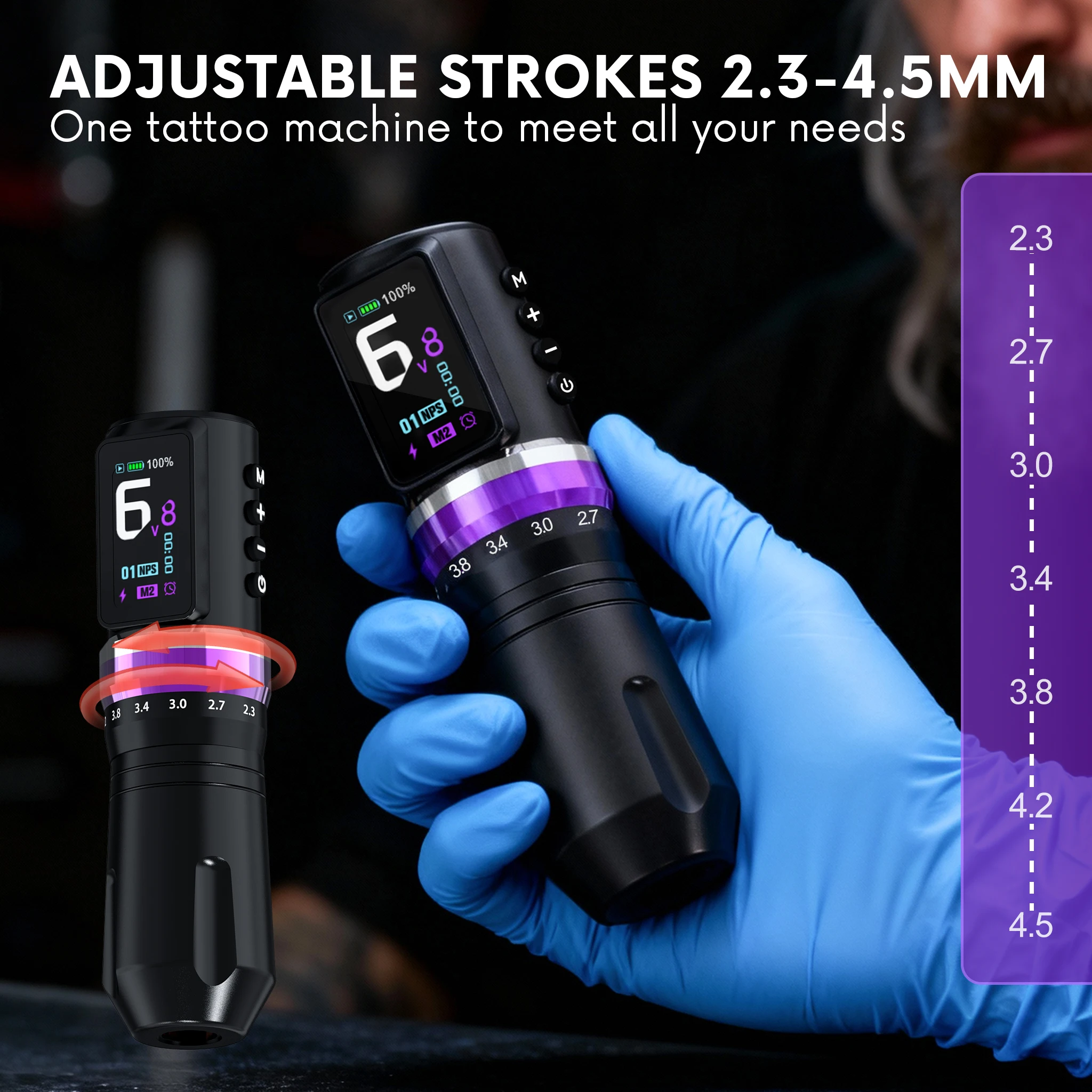 Wireless Tattoo Machine Adjustable Stroke 2.3mm-4.5mm 2200mAh Battery Color Screen Coreless Motor Permanent Makeup Tattoo Pen