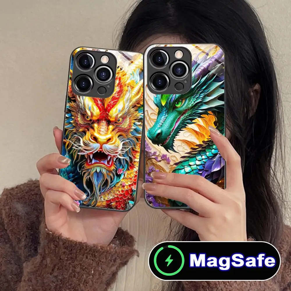 

Чехол для телефона с изображением дракона для iPhone 17 16 15 14 13 12 11 Air Pro Max Plus Mini, стеклянный, цветной, с поддержкой MagSafe, красивый