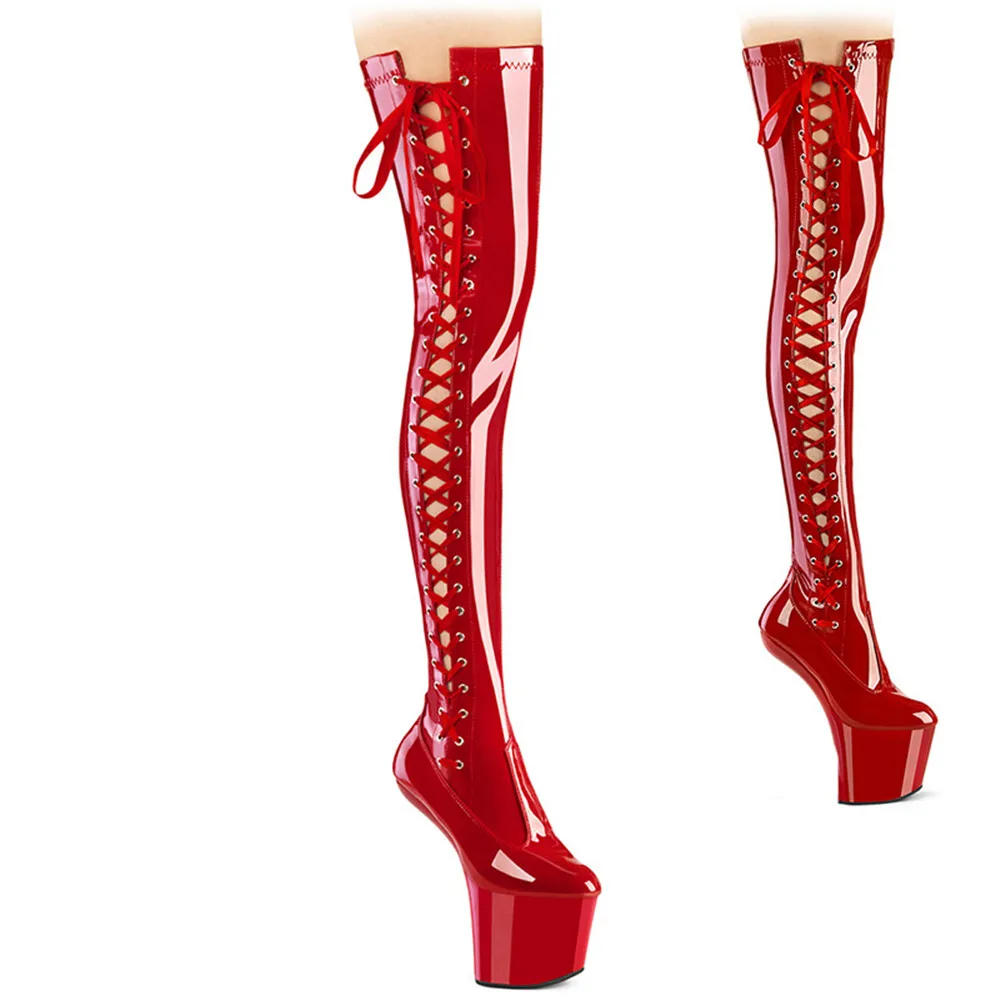 20cm pole dancing heels with side lace-up, heelless waterproof platform over-the-knee boots for female models walking the runway