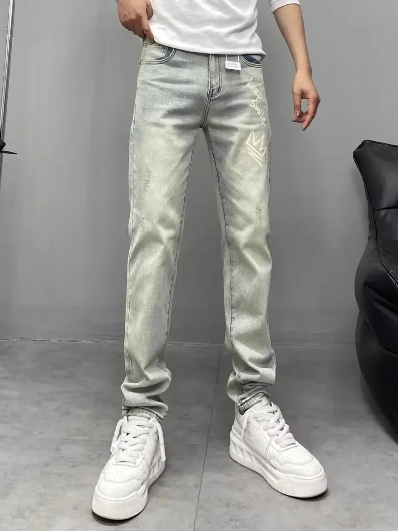 

High-End Vintage Light Wa Men's Jeans Faionable Print Elastic Slim Fit Casual Long Pants Breathable Straight Leg Fit
