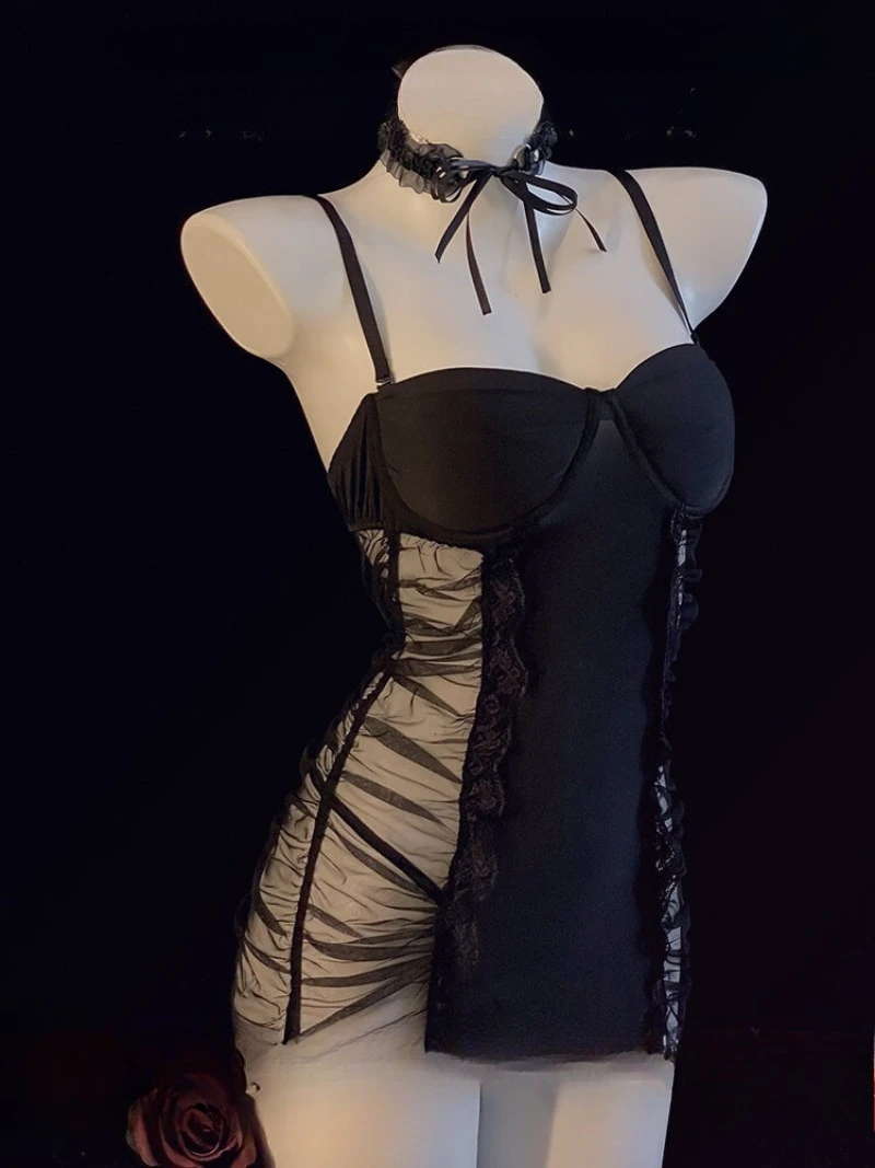 

Black Lace See-through Nightgown for Women,Sexy Pure Desire Sleepwear,Plus-size Chest Padded Pajama,Romantic High-end Lingerie