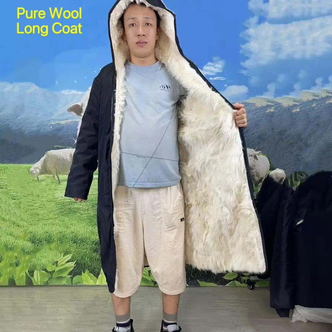 

Thicken Pure Wool Plush Coat with Hat Men's Winter Over Knee Cotton Jacket Middle-aged Elderly Dad Warm Hooded Sheep Overcoat