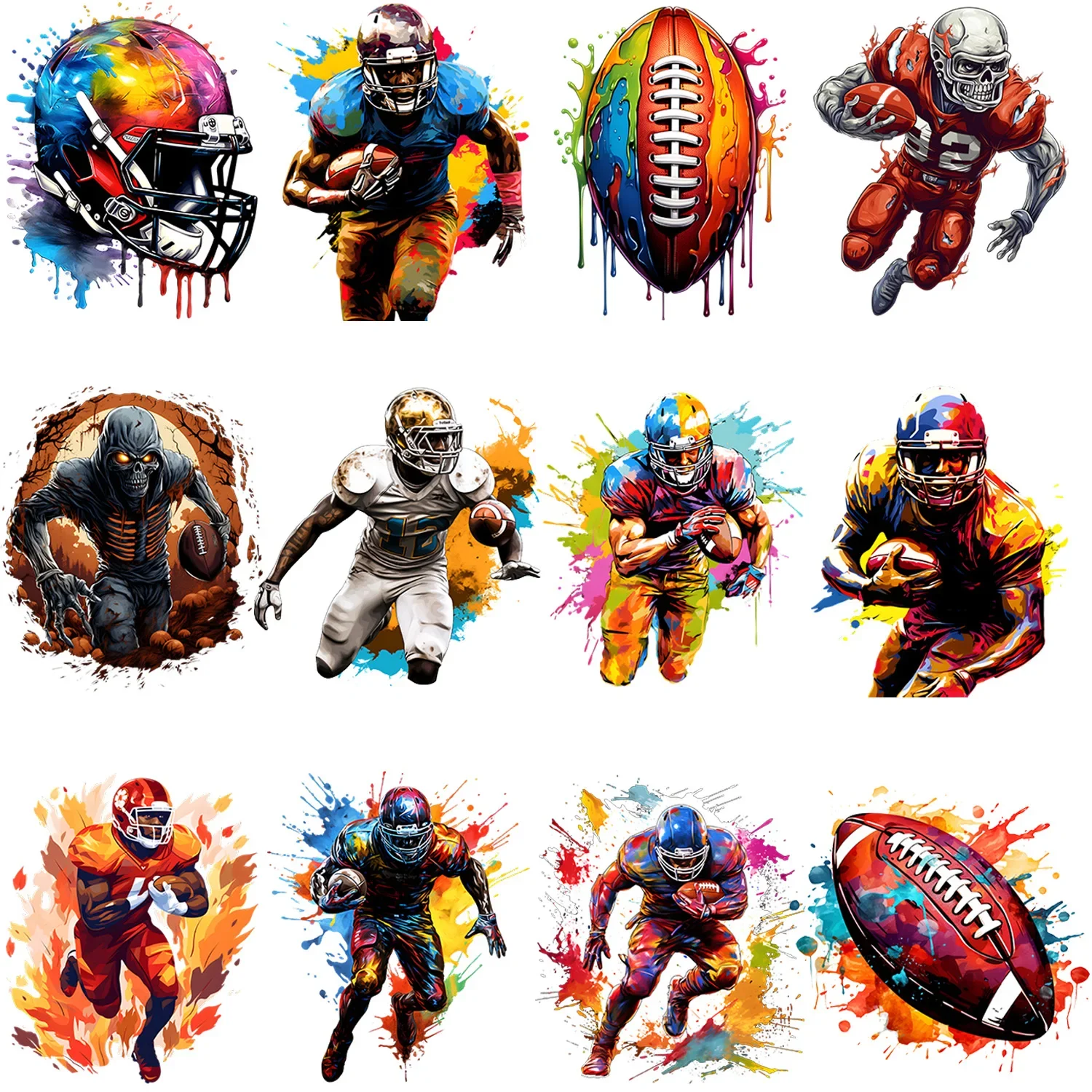 12-Pack Watercolor Rugby Sports Themed Graphics Iron-On Transfer Stickers for DIY Garments T-Shirts Denim Jackets