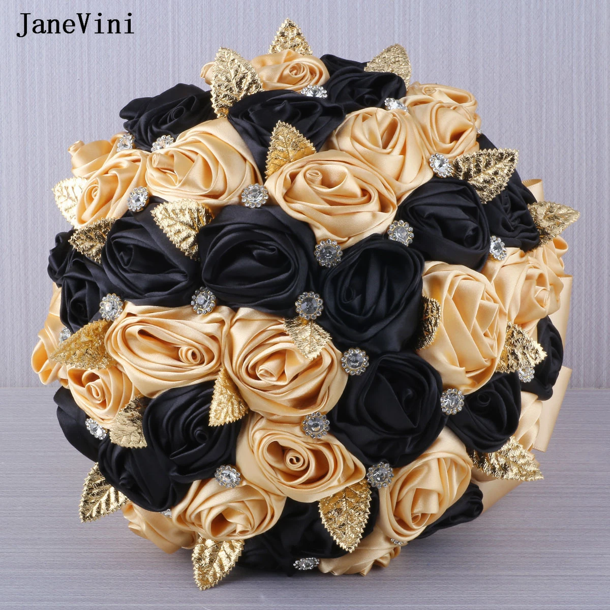 JaneVini Light Gold Black Bridal Bouquets with Diamond Artificial Satin Roses Wedding Fake Bouquet Flower Ramo De 15 Quinceañera