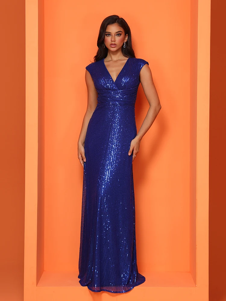 Lucyinlove Elegant V-neck Royal Blue Sequins Evening Dress Long Women Luxury Mermaid Wedding Party Dress Caicktail Prom Gown