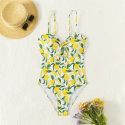 Sexy Yellow Lemon Leaf Print Swimsuit Women 2026 One Piece Swimwear Female Front Hollow Out Bow Bathing Swimming Suit Bather