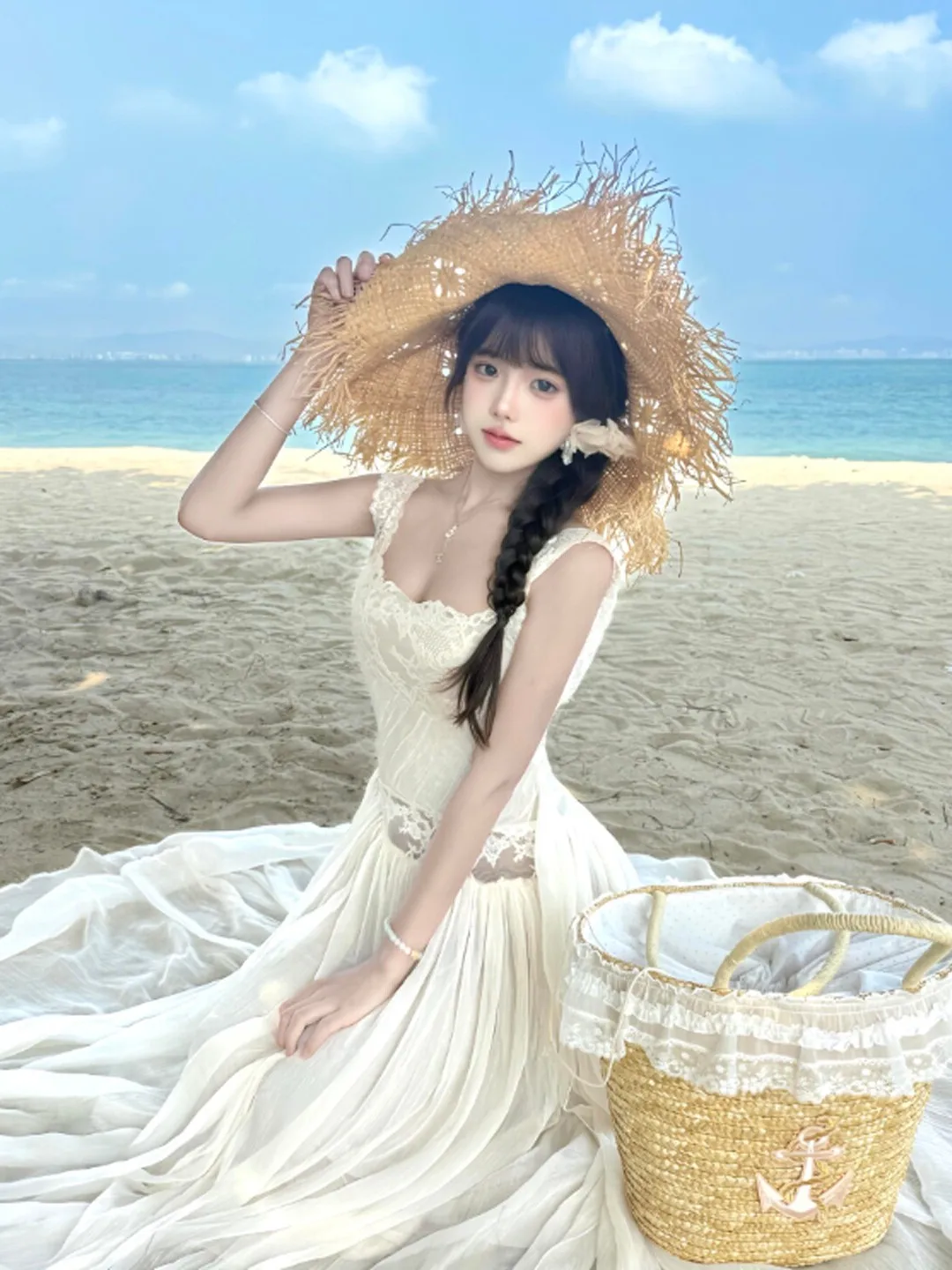 

Beachy Lace Waist-Cinching Slimming Strap Dress Beautiful Long Summer Cotton Gown Gentle Style High Waist No-Sleeve Bodycon D...