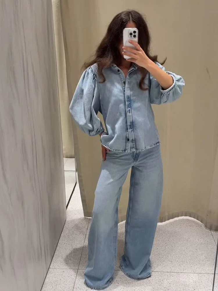 

HH Женская модная однобортная джинсовая рубашка с тонкими лацканами и свободными складками + повседневный брючный костюм с высокой талией и боковым карманом на молнии с широкими штанинами