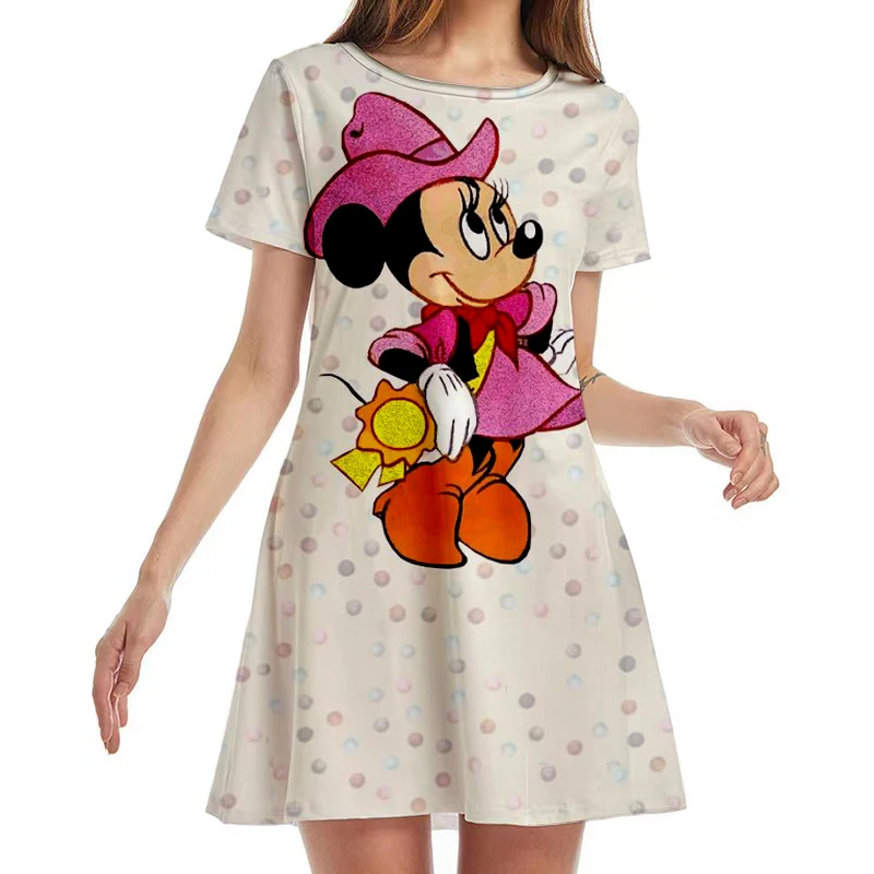 

New Disney Minnie Mouse Anime Print Summer 2022 Ladies Sexy Round Neck Boho Beach Dress Ruffle Short Sleeve Mini Dress Y2K