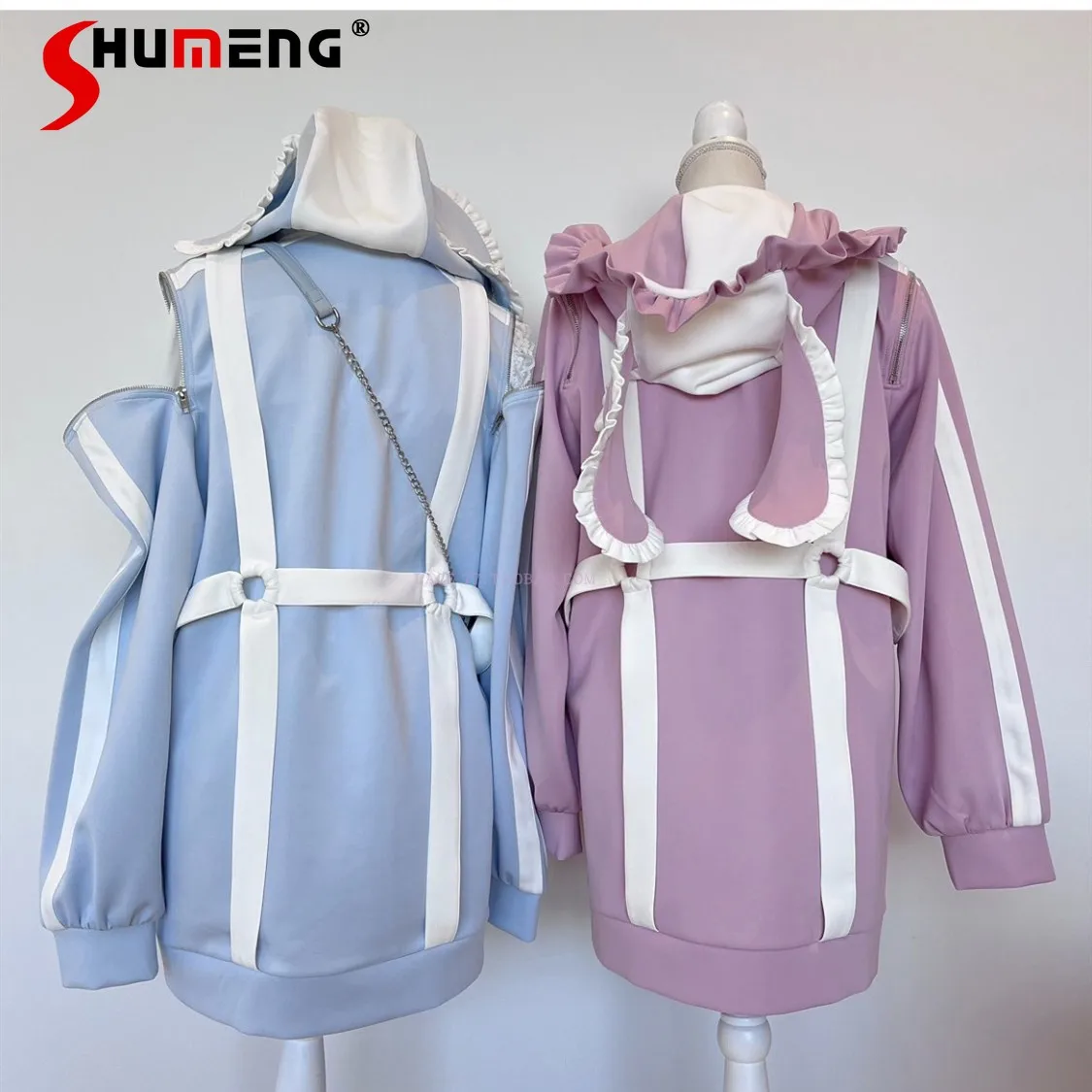 Japanese Mine Bunny Ears Hooded Zipper Jacket Women Harajuku Sweet Cool Off The Shoulder Love Ornament Mid-Length Coat Female