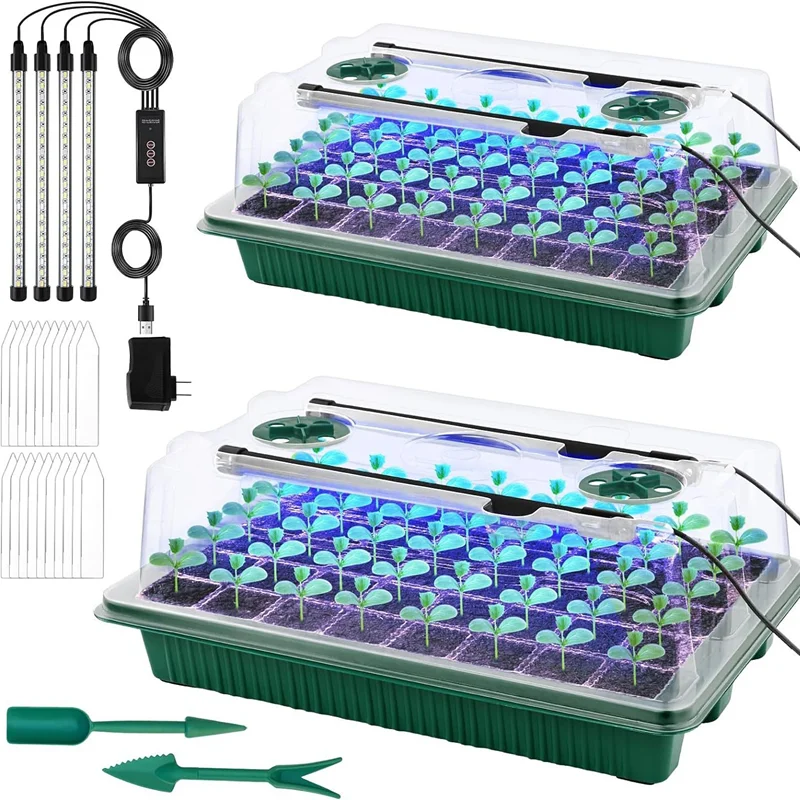 2 Sets 40 Cells Timer Dim Germination Kit Garden Nursery Humidity Domes Plant Seedling Grow Box With 4 LED Grow Lights Grow Tray