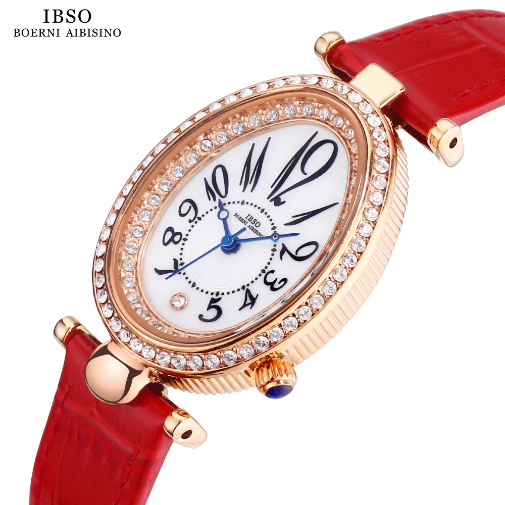 

IBSO Women Quartz Watches Oval Dial Full Zircon Attached 3ATM Waterproof Japanese Quartz Movement Watch Ladies Genuine Leather