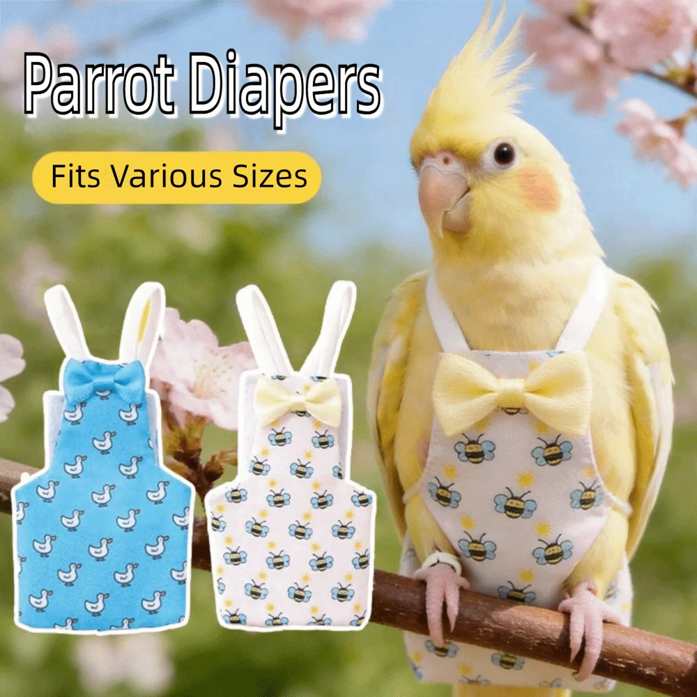 Durable Small Animals Print Parrot Diaper with Bowtie Washable Cockatiel Pigeons Dirt-proof Pet Birds Flight Suit