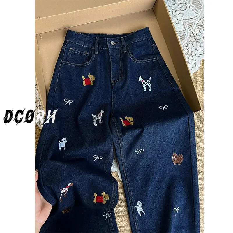 Cartoon Dog Bow Embroidered High Waisted Straight Leg Jeans Spring Niche Age Reduction All Match Denim Pants Women Y2k Pants