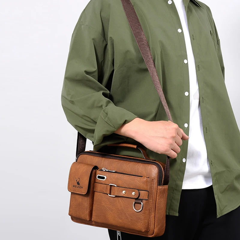 Men Business PU Leather Crossbody Bag Vintage Shoulder Bag Male Portable Travel Bag Multifunctional Shoulder Bag Handbag