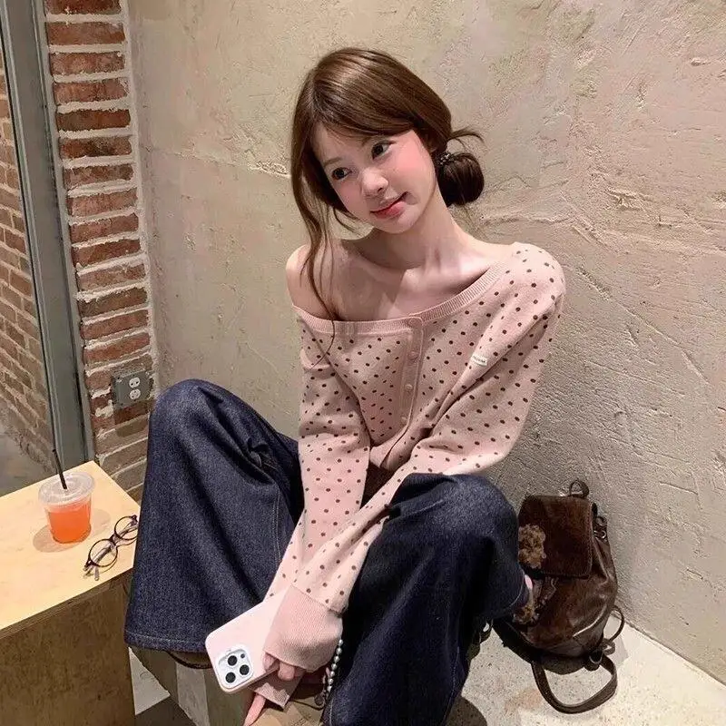 オフショルダーセーター 韓国風 春と秋 通勤 優しいリボンセーター オフィスワーカー向け カーディガン ニットセーター