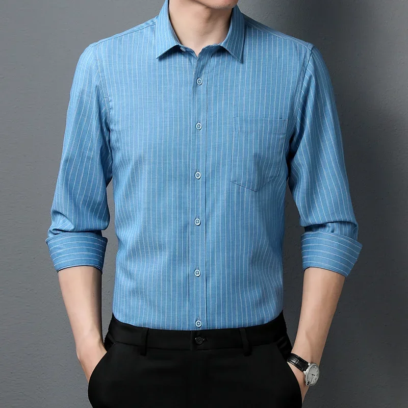 

Bamboo Fiber Men's Shirt Long Sleeve Free Care Soft Business Stripe Printed Professional Formal Stretch Interview Dress Shirts