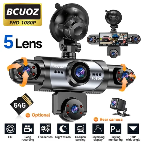 BCUOZ 5-Lens 360° Dashcam with Super Night Vision - 1080P Front 720P Rear Left Right Car Cameras Loop Recording G-Sensor WDR 12-24V Plug Power Supply Optional 64GB Memory Card