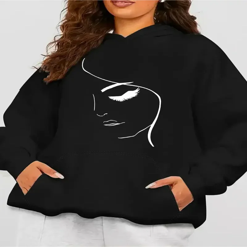

Женская повседневная толстовка с длинным рукавом, половина женского лица, пуловер с графическим принтом, карман-кенгуру, дизайн с заниженными плечами, осенне-зимняя одежда