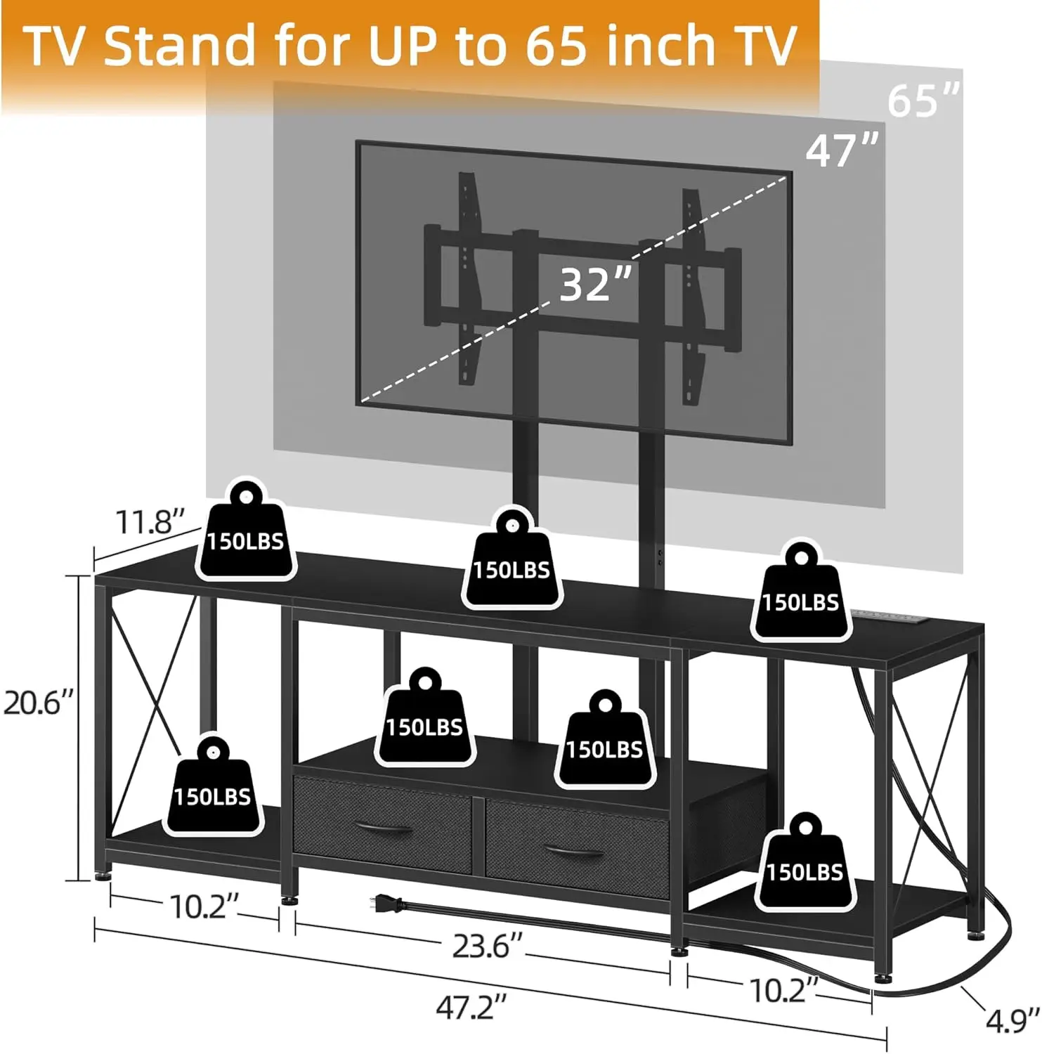 

Светодиодная подставка для телевизора с креплением, розеткой и тканевыми ящиками для телевизоров диаметром 32–85 дюймов — развлекательный центр и промышленная ТВ-консоль