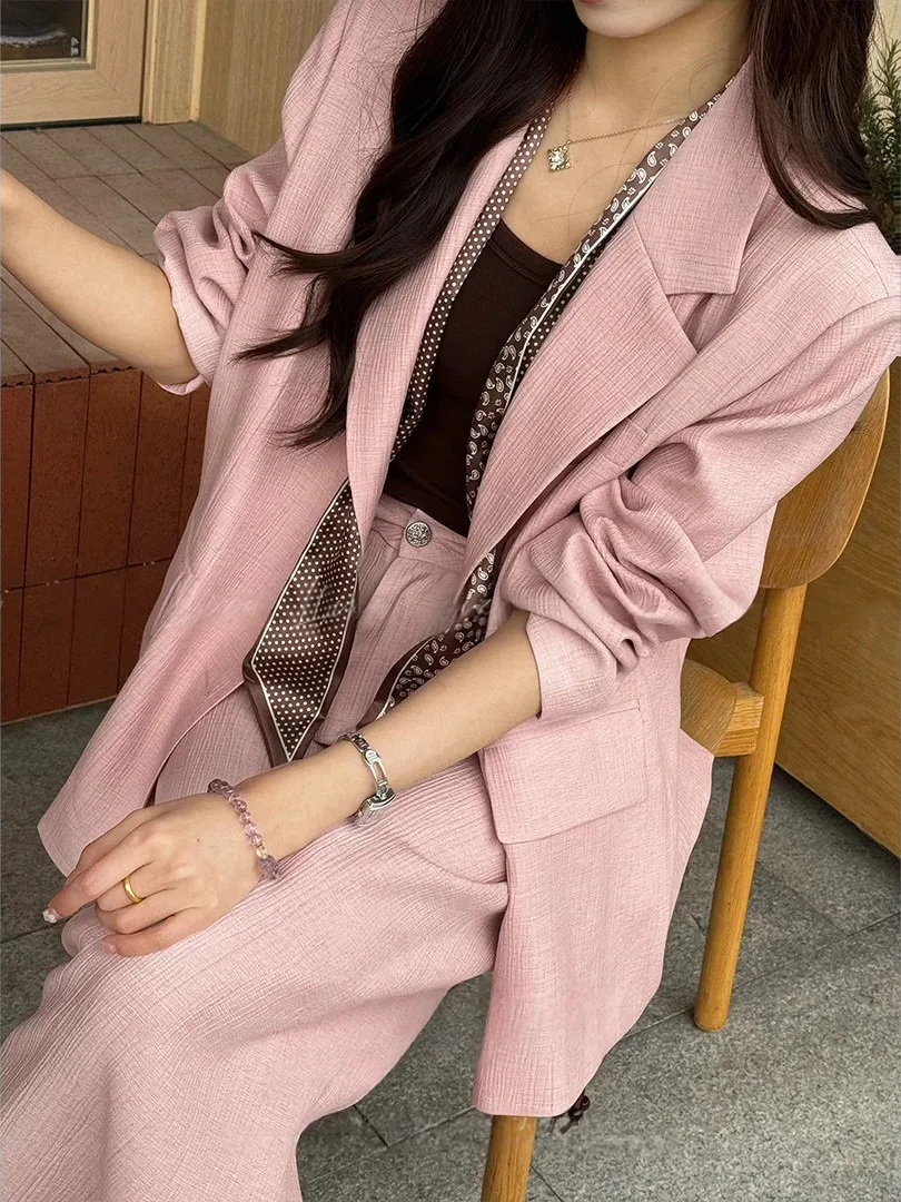 

Ele Pink Korean Sle Two-Piece Suit Women's Casual Slimming Faionable Spring High Waist Long Sve Westwear Set