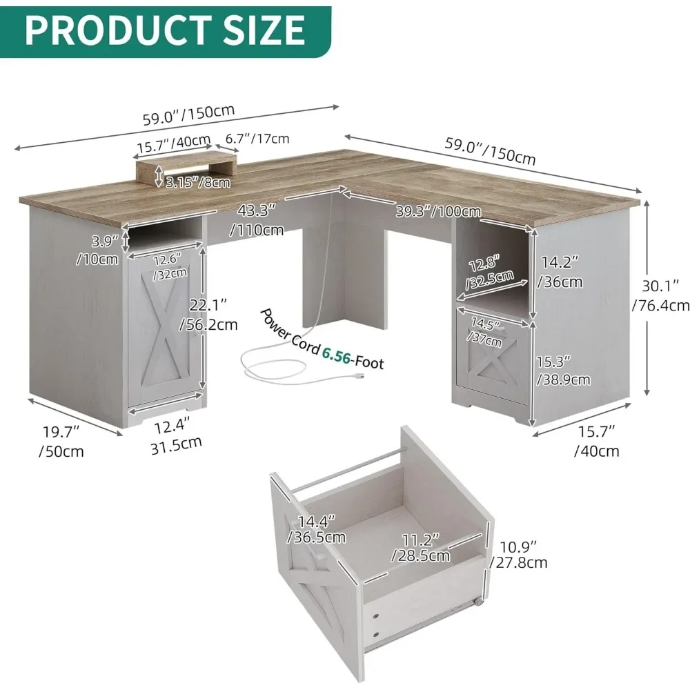 مكتب كمبيوتر على شكل حرف L ، طاولة زاوية مع منفذ طاقة ، مكتب منزلي مع حامل شاشة ورفوف تخزين ، 60 بوصة
